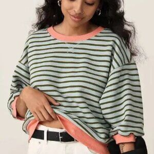 NEW Pilcro Niki Bubble Sweatshirt Olive Pit Stripe Elbow Sleeves Anthropologie